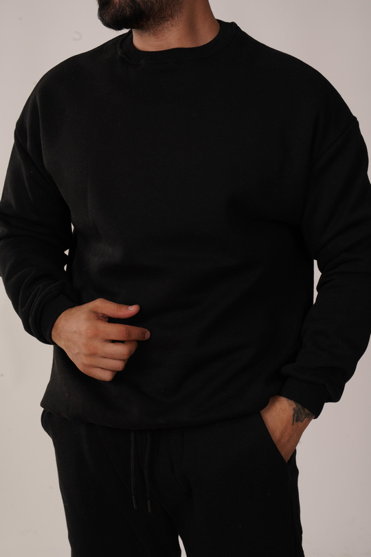SweatSiyah 3 İplik Bisiklet Yaka Hoodie