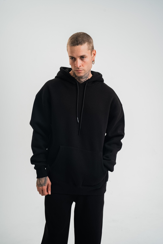 SweatSiyah 3 İplik Düz Kapşonlu Sweatshirt PLZ