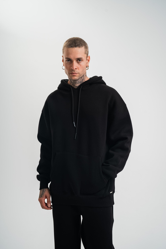 SweatSiyah 3 İplik Düz Kapşonlu Sweatshirt PLZ