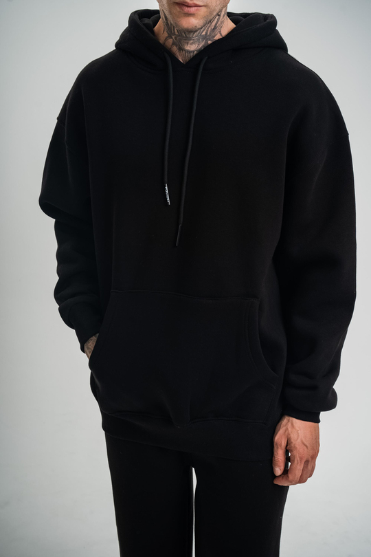 SweatSiyah 3 İplik Düz Kapşonlu Sweatshirt PLZ