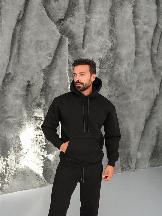 SweatSiyah 3 İplik Oversize Compak Kapüşonlu SC