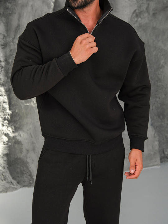 SweatSiyah 3 İplik Oversize Compak Yarım Fermuarlı SC
