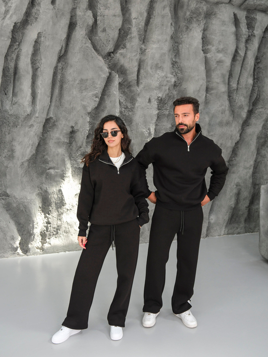 SweatSiyah 3 İplik Oversize Compak Yarım Fermuarlı SC