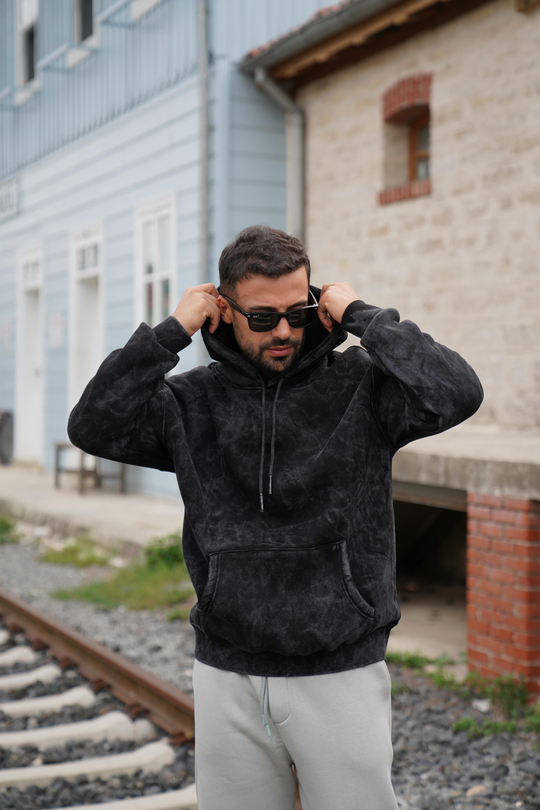 SweatSiyah 3 İplik Oversize Yıkamalı Kapşonlu Sweatshirt PLZ