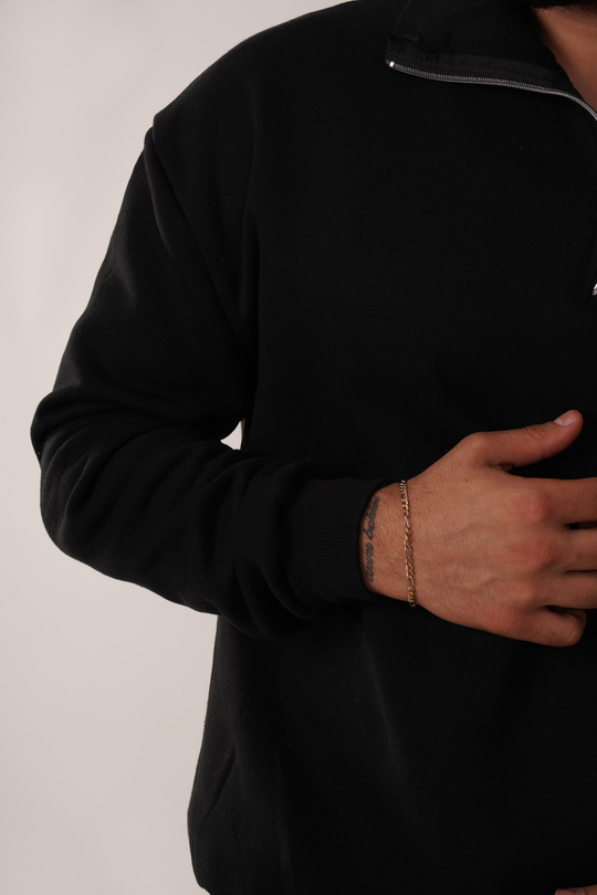 SweatSiyah 3 İplik Yarım Fermuarlı Hoodie