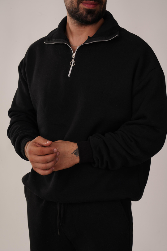 SweatSiyah 3 İplik Yarım Fermuarlı Hoodie