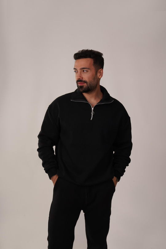 SweatSiyah 3 İplik Yarım Fermuarlı Hoodie