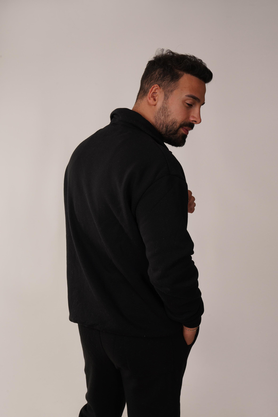 SweatSiyah 3 İplik Yarım Fermuarlı Hoodie