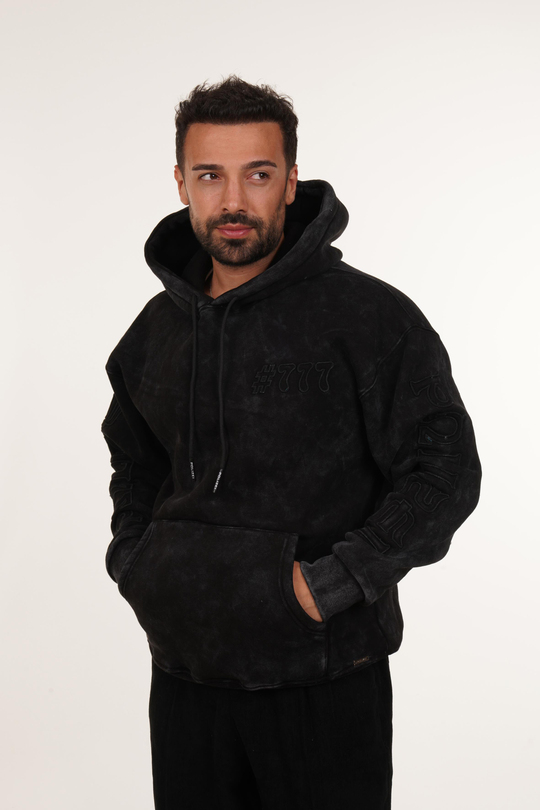 SweatSiyah 777 Yazılı Kapşonlu Sweatshirt PLZ