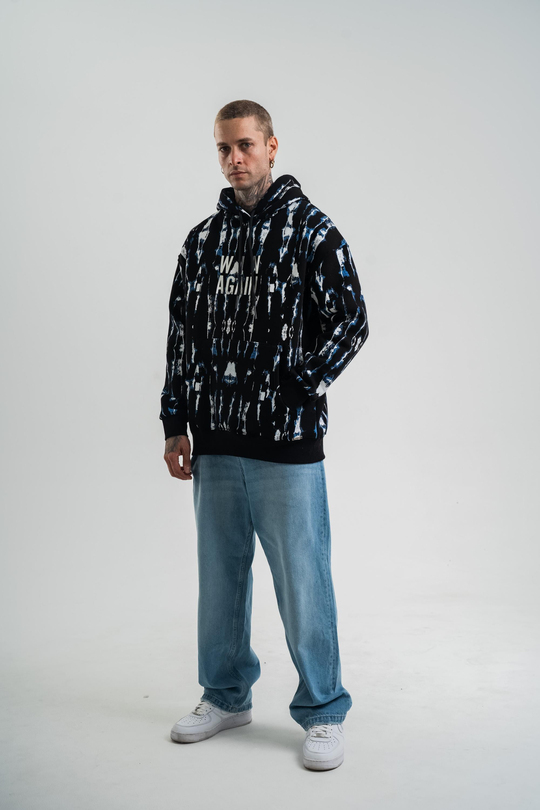 SweatSiyah Mavi Pano Baskılı Kapşonlu Sweatshirt PLZ