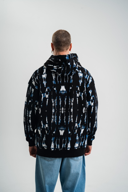 SweatSiyah Mavi Pano Baskılı Kapşonlu Sweatshirt PLZ