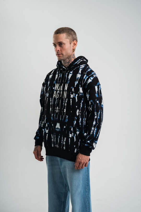 SweatSiyah Mavi Pano Baskılı Kapşonlu Sweatshirt PLZ