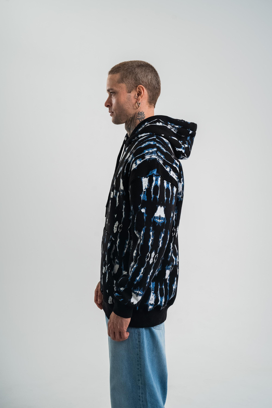 SweatSiyah Mavi Pano Baskılı Kapşonlu Sweatshirt PLZ
