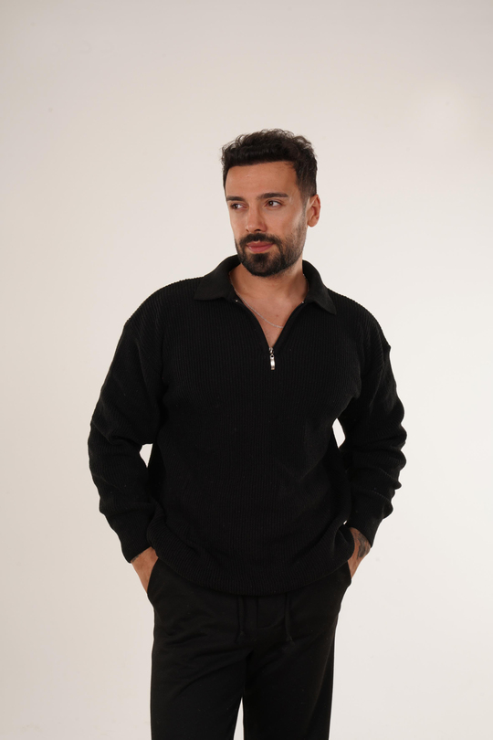 SweatSiyah Selanik Polo Fermuarlı Kazak