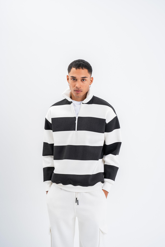 SweatSiyah Yarım Fermuarlı Çizgili 3 İplik Sweatshirt PLZ