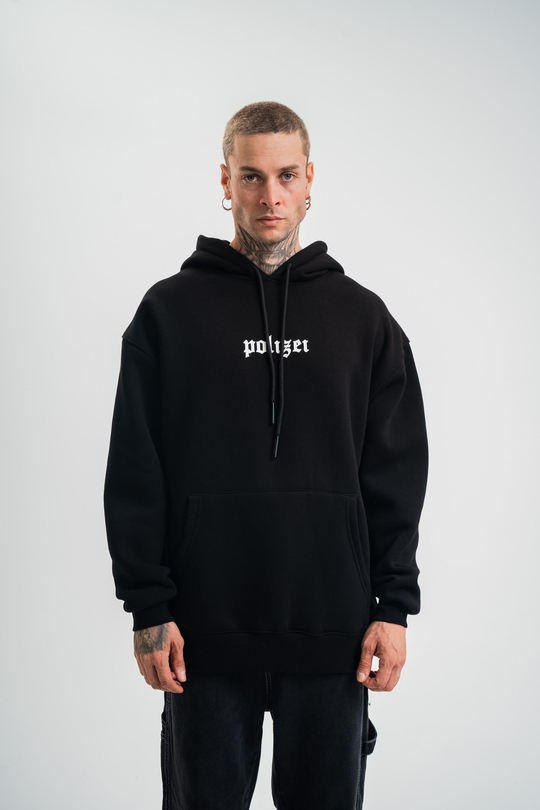 SweatSiyah Yarım Polizei Nakışlı Peçli Kapşonlu Sweatshirt PLZ