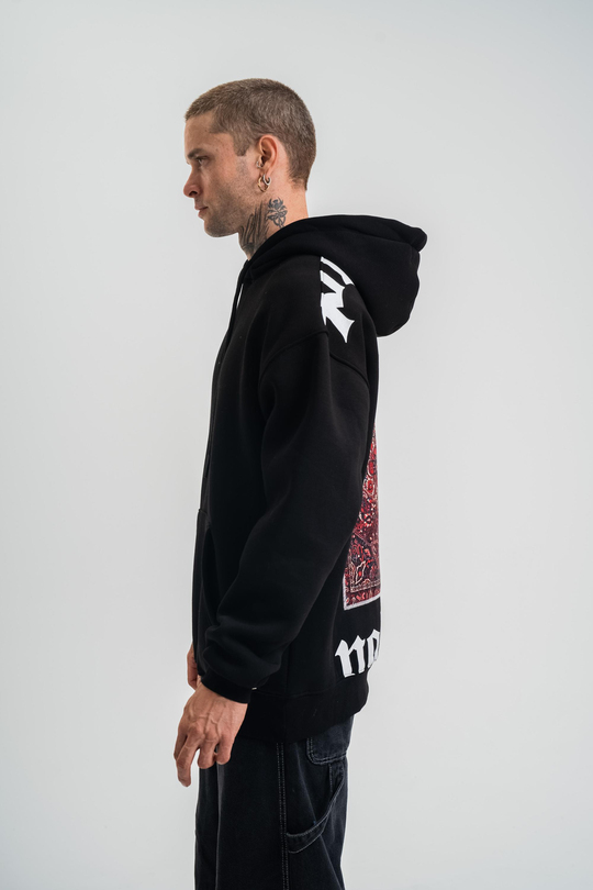 SweatSiyah Yarım Polizei Nakışlı Peçli Kapşonlu Sweatshirt PLZ