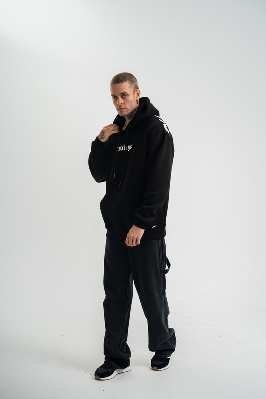 SweatSiyah Yarım Polizei Nakışlı Peçli Kapşonlu Sweatshirt PLZ