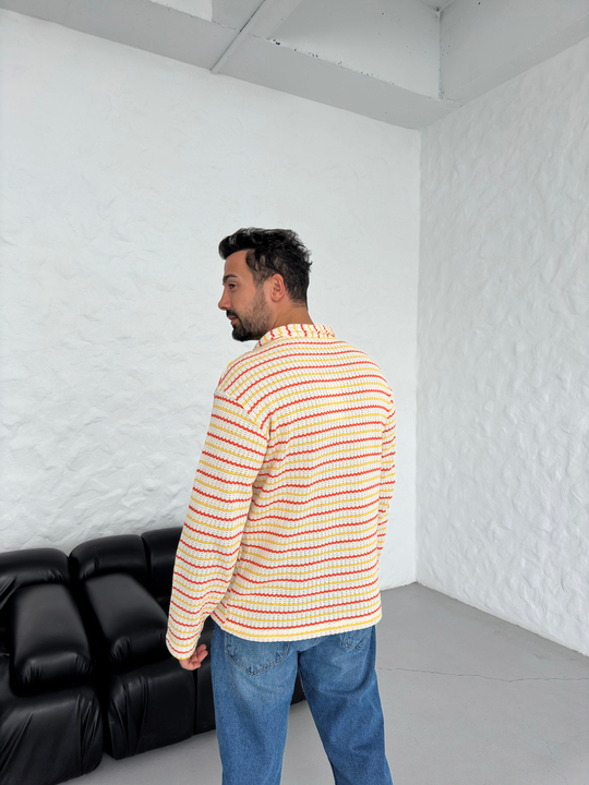 SweatTuruncu İnce Çizgili Üç Düğmeli Polo Yaka Triko SNZ 8396
