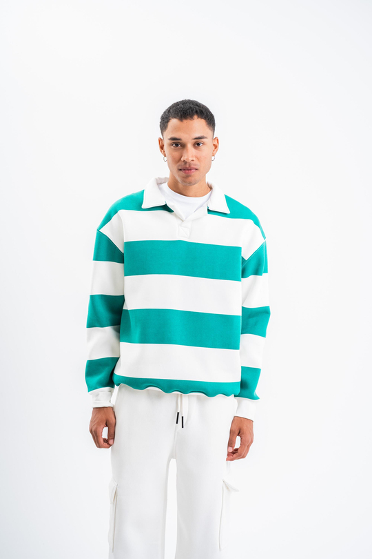 SweatYeşil Çizgili 3 İplik Polo Yaka Sweatshirt PLZ