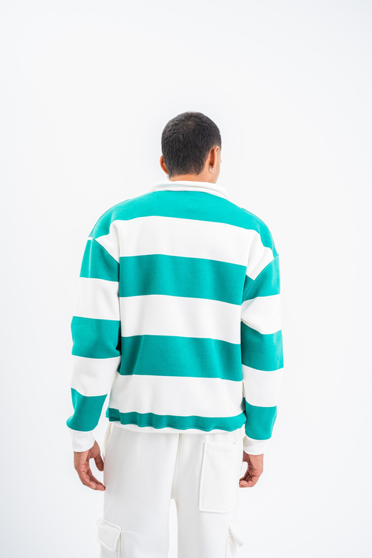 SweatYeşil Çizgili 3 İplik Polo Yaka Sweatshirt PLZ