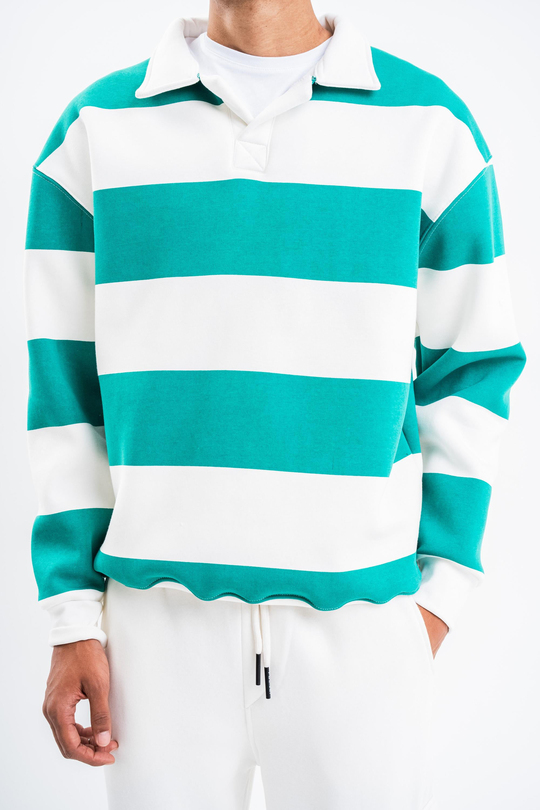 SweatYeşil Çizgili 3 İplik Polo Yaka Sweatshirt PLZ