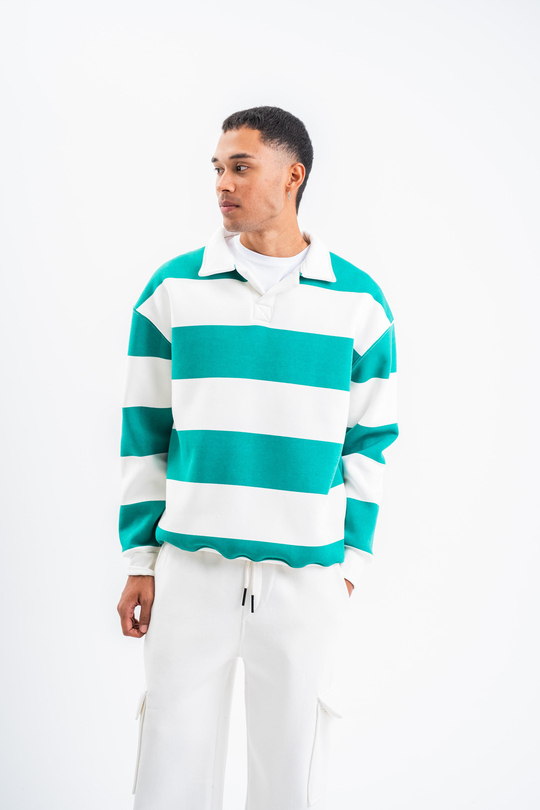 SweatYeşil Çizgili 3 İplik Polo Yaka Sweatshirt PLZ