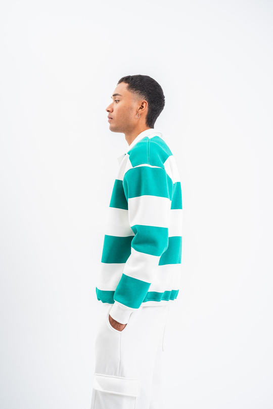 SweatYeşil Çizgili 3 İplik Polo Yaka Sweatshirt PLZ