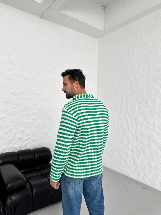 SweatYeşil Çizgili Gizli Patlı Yaka Örme Triko SNZ 8397