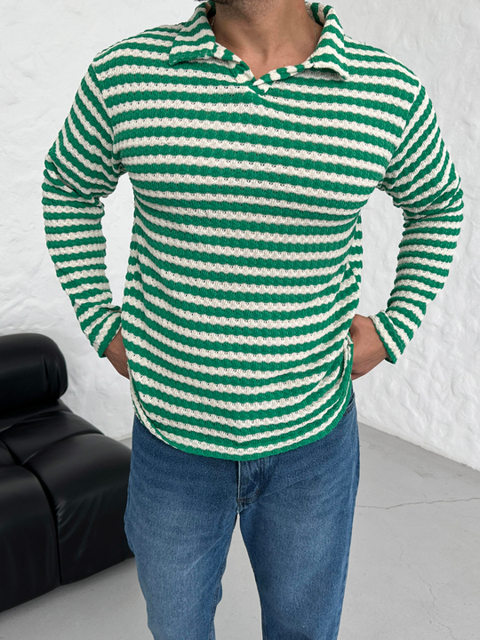 SweatYeşil Çizgili Gizli Patlı Yaka Örme Triko SNZ 8397