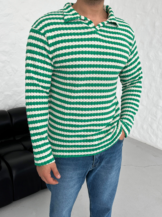 SweatYeşil Çizgili Gizli Patlı Yaka Örme Triko SNZ 8397