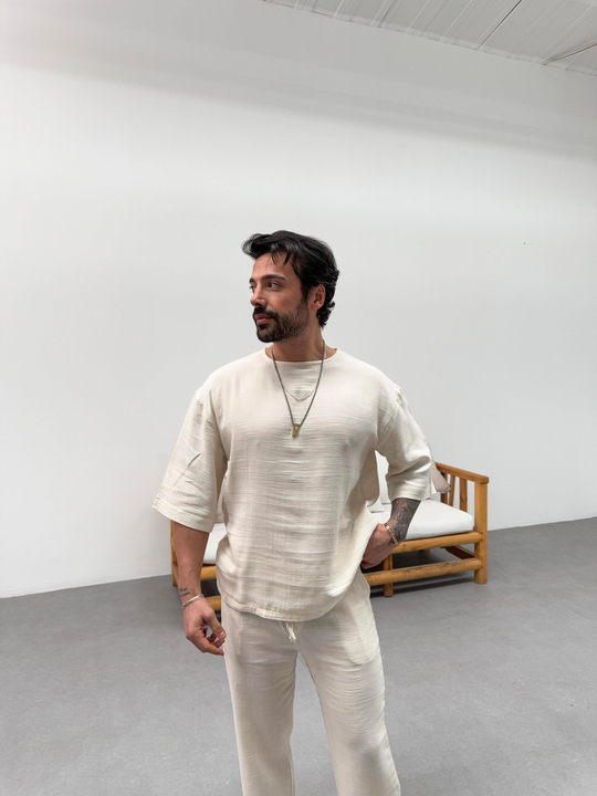 T-SHİRTBej Bisiklet Yaka Oversize Müslin Takım SNZ 1009