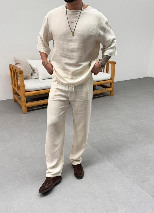 T-SHİRTBej Bisiklet Yaka Oversize Müslin Takım SNZ 1009
