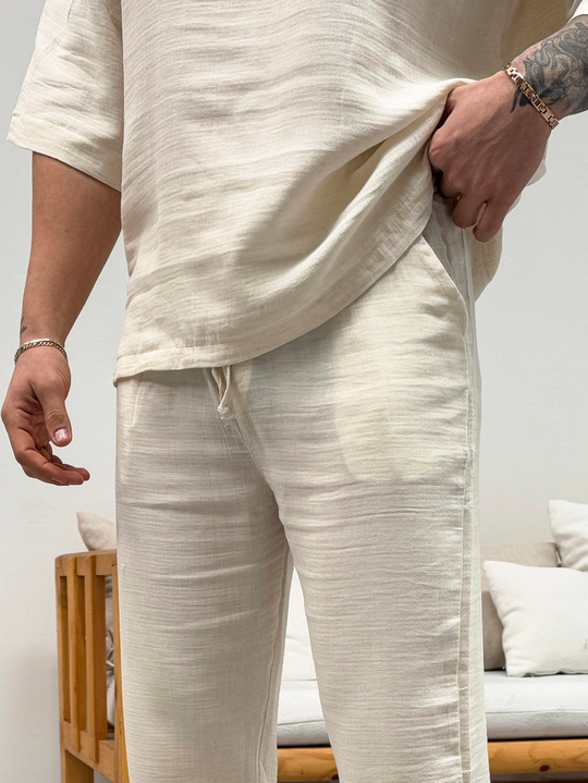 T-SHİRTBej Bisiklet Yaka Oversize Müslin Takım SNZ 1009