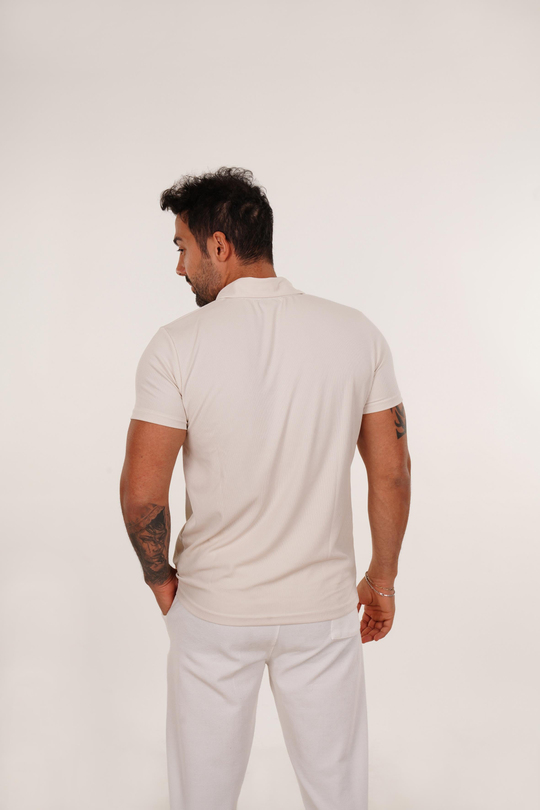 T-SHİRTBej Burgu Polo Yaka Fermuarlı T-Shirt TB