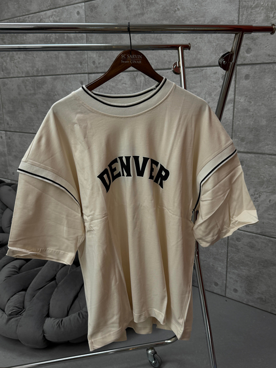 T-SHİRTBej Denver Baskılı Parçalı Oversize T-SHIRT PNC