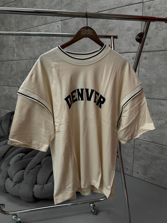 T-SHİRTBej Denver Baskılı Parçalı Oversize T-SHIRT PNC