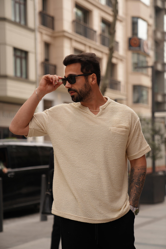 T-SHİRTBej Flote Cep V Yaka T-SHİRT SNZ 3921