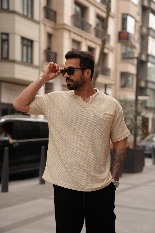 T-SHİRTBej Flote Cep V Yaka T-SHİRT SNZ 3921