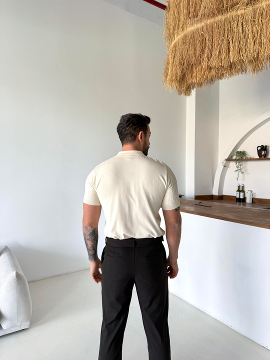T-SHİRTBej Jakar Desenli Düğmeli Polo Triko Tk