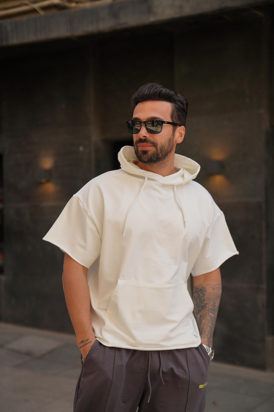 T-SHİRTBej Kapşonlu Kanguru Cep Oversize T-Shirt VMS 30175