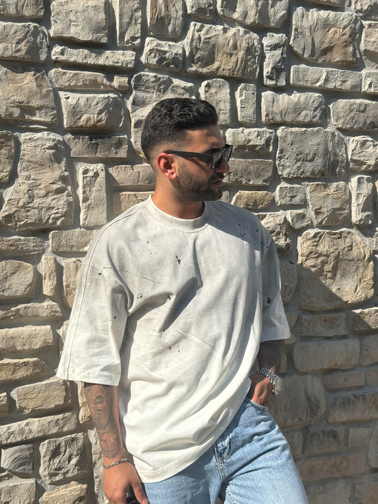 T-SHİRTBej NAPA Baskılı Fırça Darbeli Oversize T-SHIRT PNC 8129