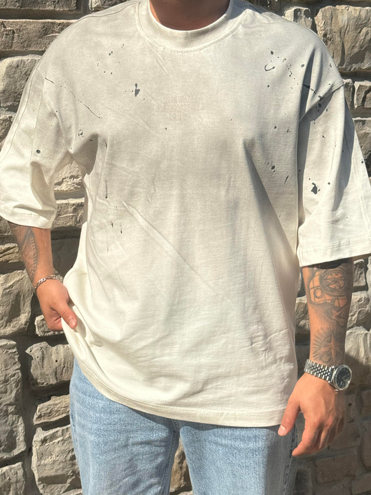 T-SHİRTBej NAPA Baskılı Fırça Darbeli Oversize T-SHIRT PNC 8129
