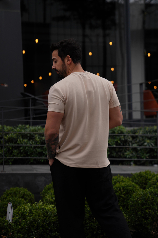 T-SHİRTBej Ottoman Çizgi Desen Bisiklet Yaka T-Shirt TK 1001