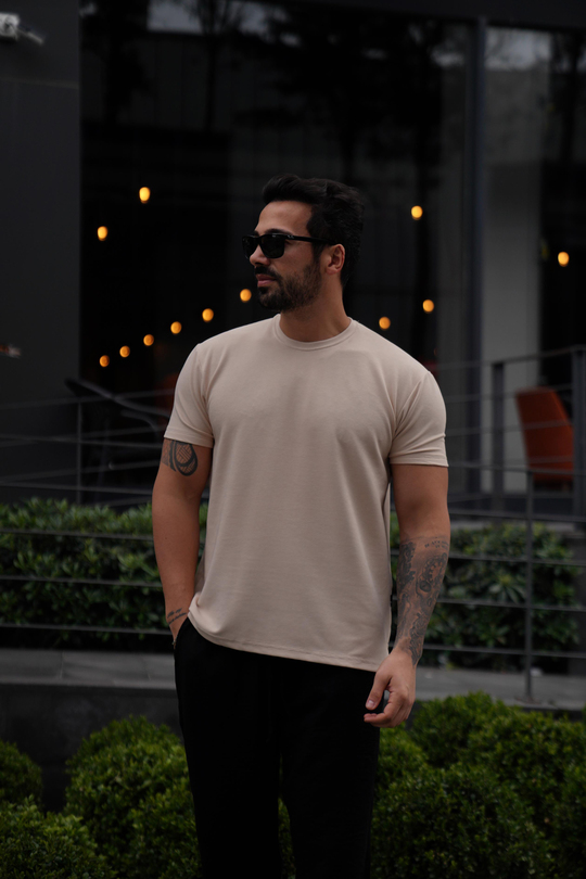 T-SHİRTBej Ottoman Çizgi Desen Bisiklet Yaka T-Shirt TK 1001