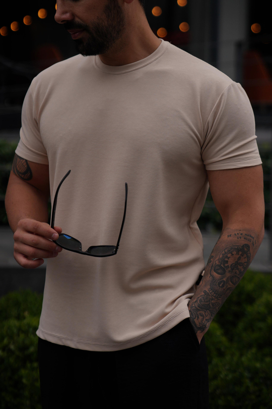 T-SHİRTBej Ottoman Çizgi Desen Bisiklet Yaka T-Shirt TK 1001