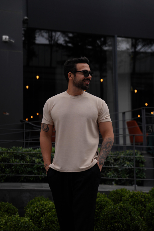 T-SHİRTBej Ottoman Çizgi Desen Bisiklet Yaka T-Shirt TK 1001