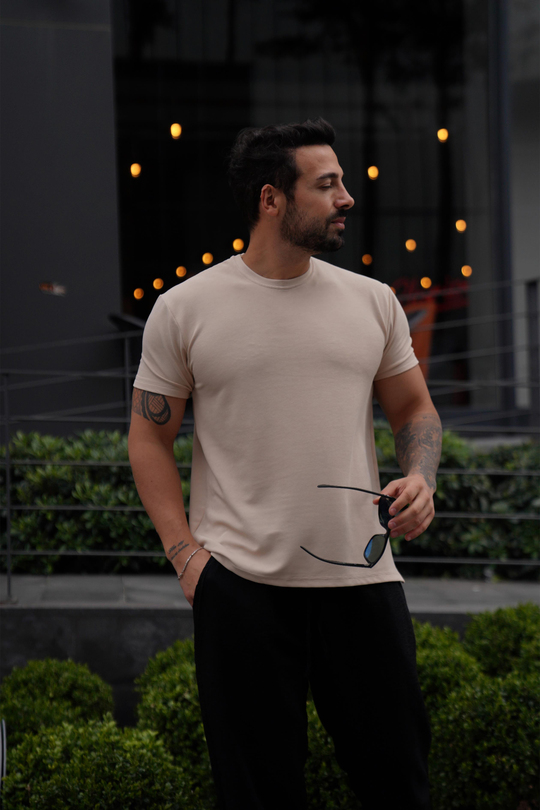 T-SHİRTBej Ottoman Çizgi Desen Bisiklet Yaka T-Shirt TK 1001