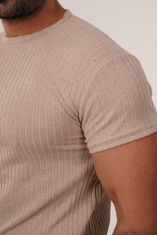 T-SHİRTBej Slim Fit Fitilli T-SHIRT SC