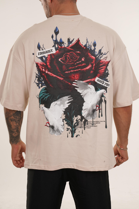 T-SHİRTBej Yüksek Kalite Romance İs You Baskılı Oversize T-SHİRT VMS 40729